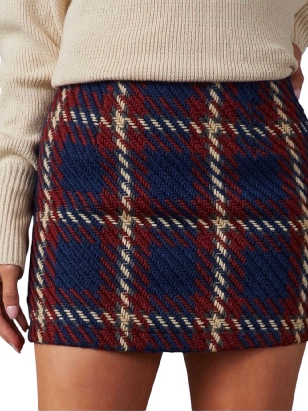 NWT English Factory Plaid Tweed Mini Skirt Burgundy Blue Size M Preppy Fall